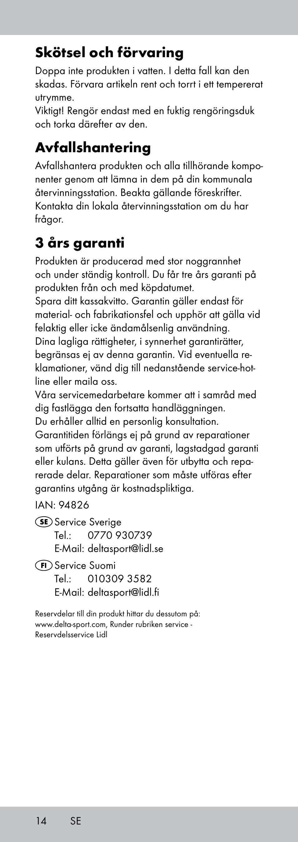 Skötsel och förvaring, Avfallshantering, 3 års garanti | Crivit MP-1781 User Manual | Page 14 / 28