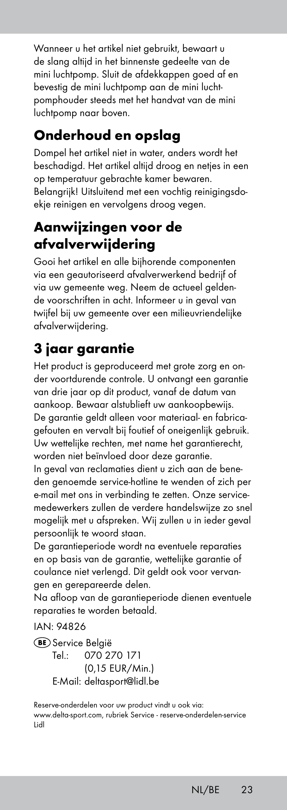 Onderhoud en opslag, Aanwijzingen voor de afvalverwijdering, 3 jaar garantie | Crivit MP-1781 User Manual | Page 23 / 28