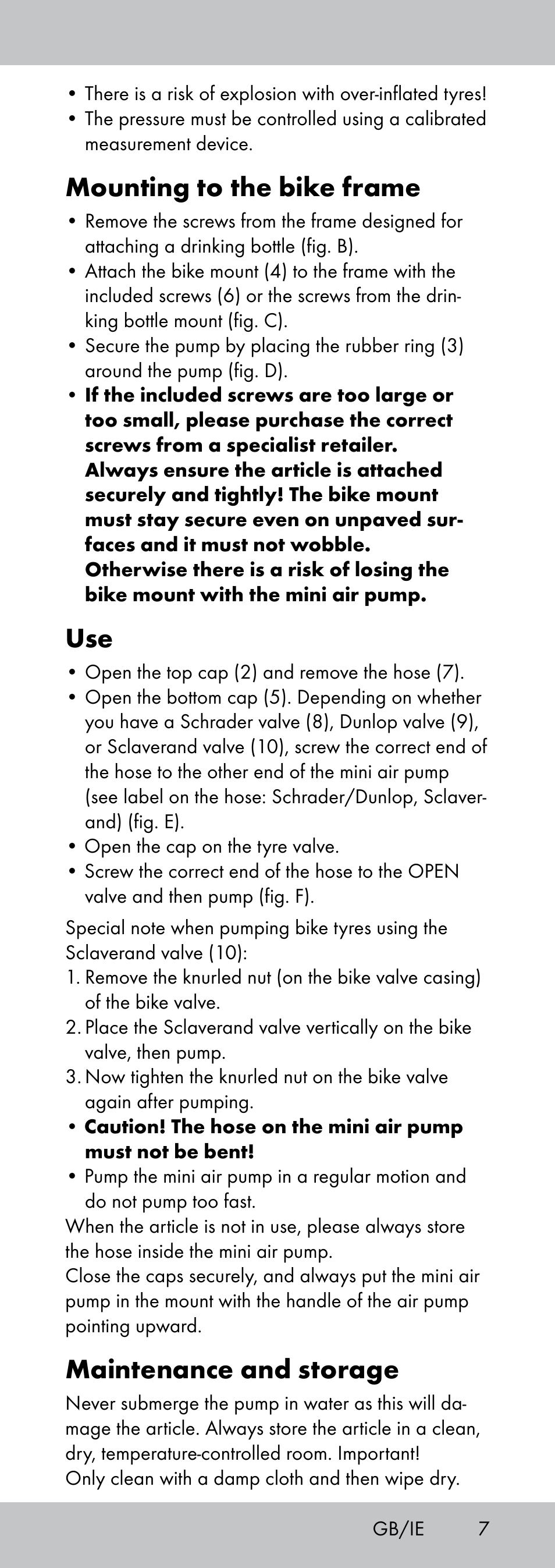 Mounting to the bike frame, Maintenance and storage | Crivit MP-1781 User Manual | Page 7 / 28