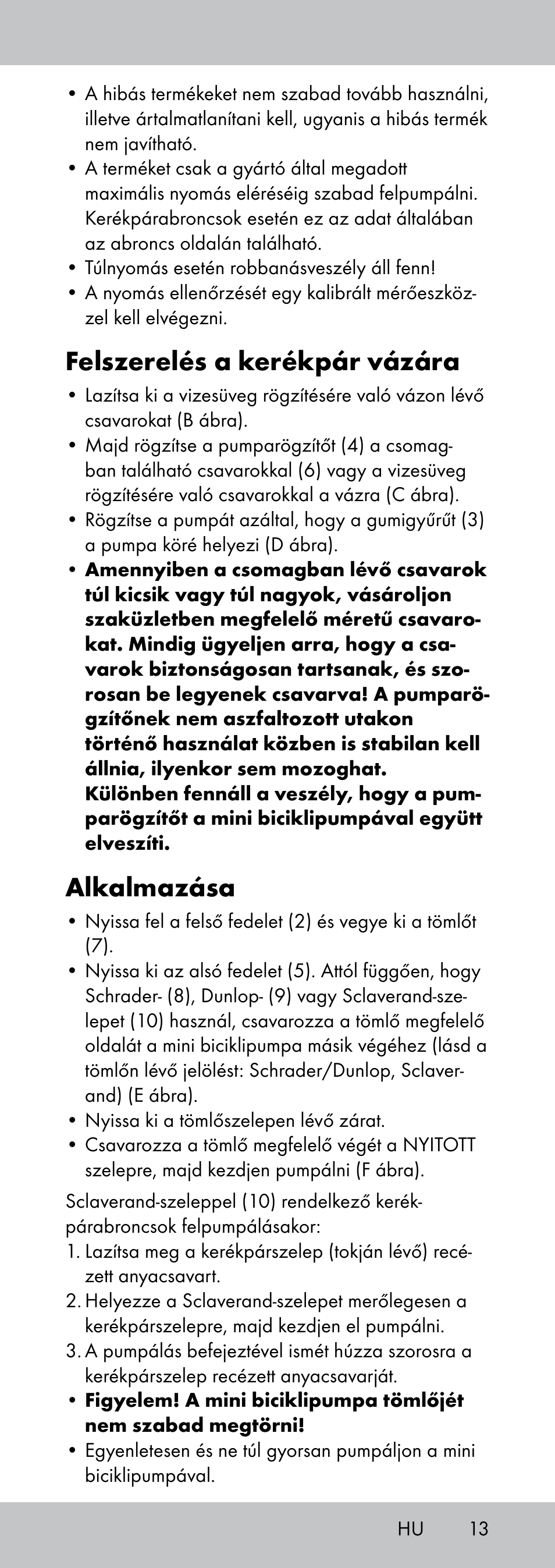 Felszerelés a kerékpár vázára, Alkalmazása | Crivit MP-1781 User Manual | Page 13 / 32