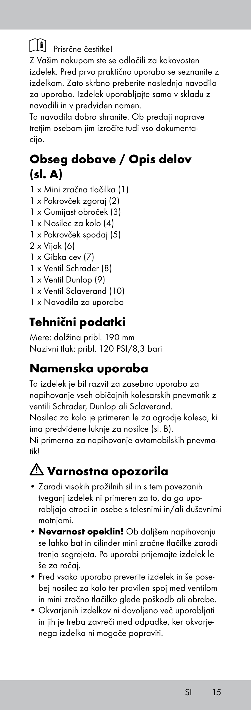 Obseg dobave / opis delov (sl. a), Tehnični podatki, Namenska uporaba | Varnostna opozorila | Crivit MP-1781 User Manual | Page 15 / 32