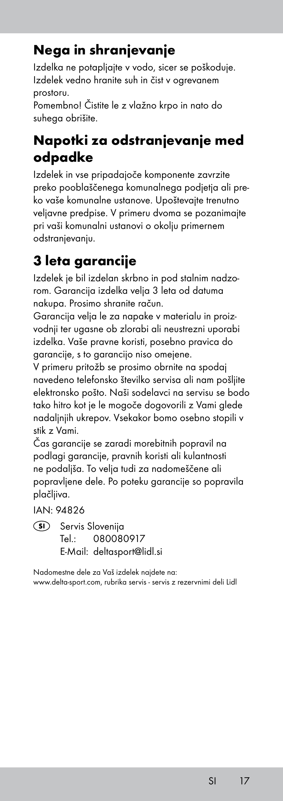 Nega in shranjevanje, Napotki za odstranjevanje med odpadke, 3 leta garancije | Crivit MP-1781 User Manual | Page 17 / 32