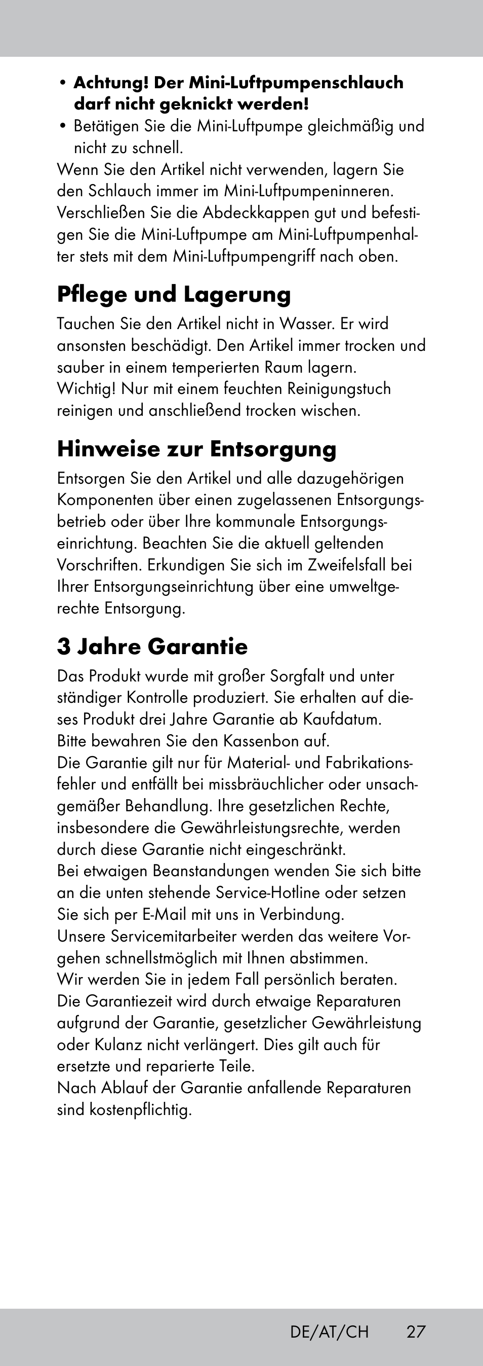 Pflege und lagerung, Hinweise zur entsorgung, 3 jahre garantie | Crivit MP-1781 User Manual | Page 27 / 32