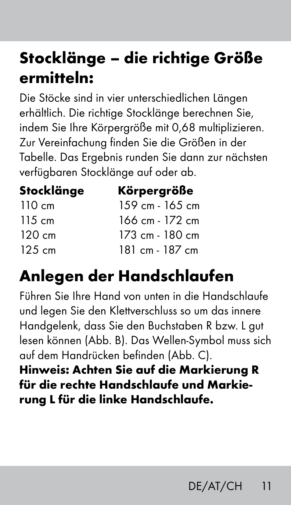 Stocklänge – die richtige größe ermitteln, Anlegen der handschlaufen | Crivit NW-1702 User Manual | Page 11 / 56