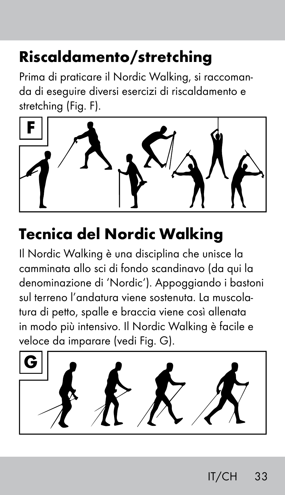 Riscaldamento/stretching, Tecnica del nordic walking | Crivit NW-1702 User Manual | Page 33 / 56