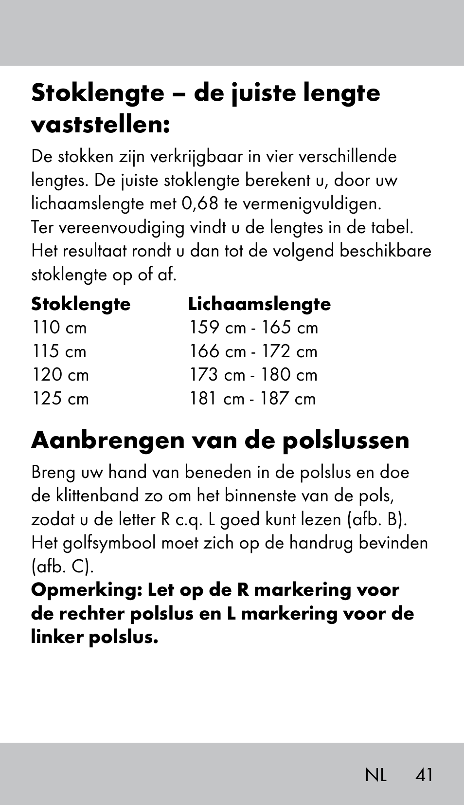 Stoklengte – de juiste lengte vaststellen, Aanbrengen van de polslussen | Crivit NW-1702 User Manual | Page 41 / 56