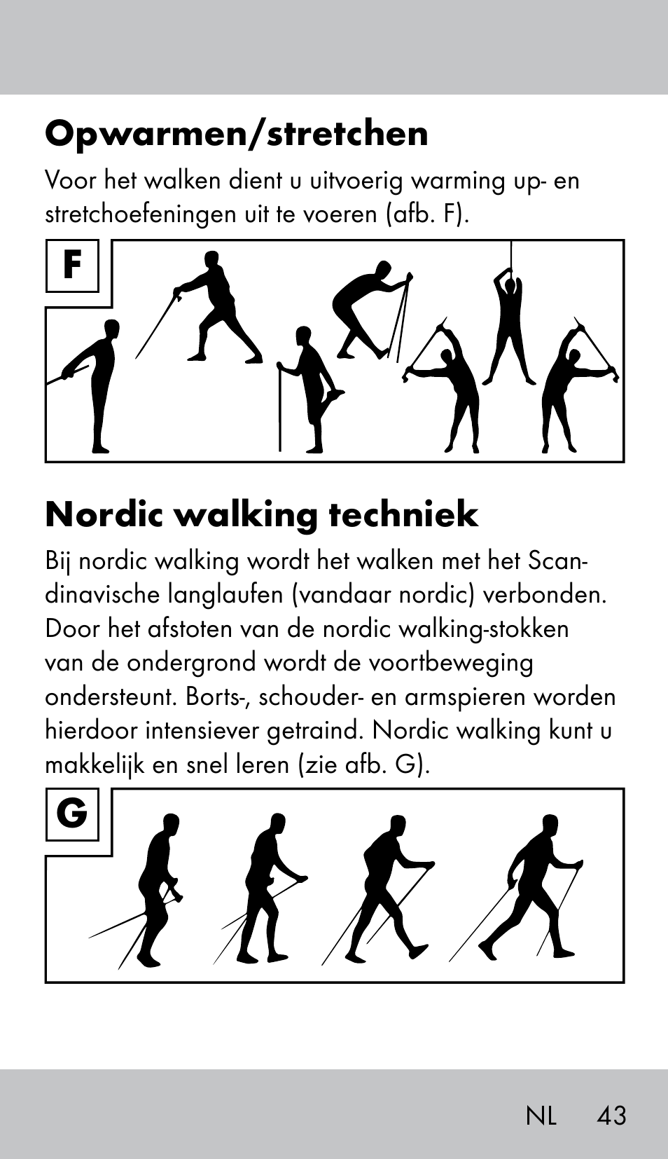 Opwarmen/stretchen, Nordic walking techniek | Crivit NW-1702 User Manual | Page 43 / 56