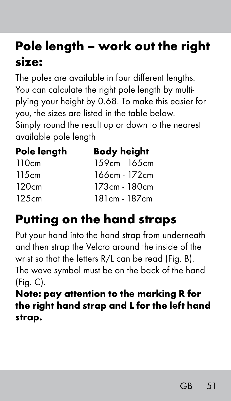 Pole length – work out the right size, Putting on the hand straps | Crivit NW-1702 User Manual | Page 51 / 56