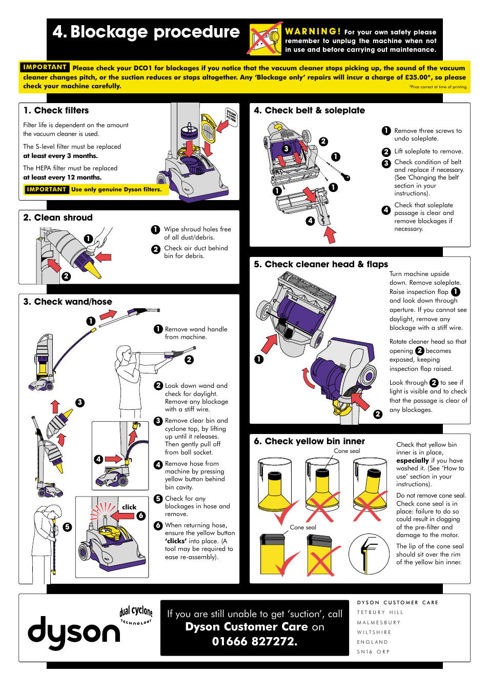 Blockage procedure, If you are still unable to get ‘suction’, call, Check filters | DYSON DCO1 User Manual | Page 5 / 6