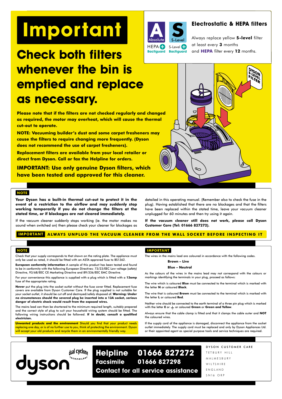 Important, Electrostatic & hepa filters | DYSON DCO1 User Manual | Page 6 / 6