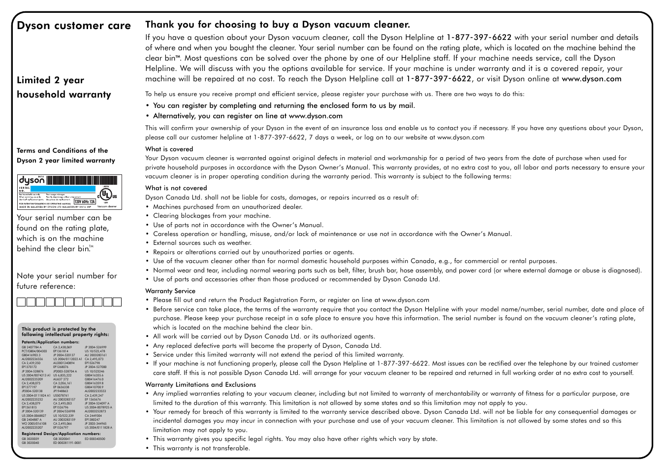 Dyson customer care, Limited 2 year household warranty | DYSON DC15 User Manual | Page 14 / 15