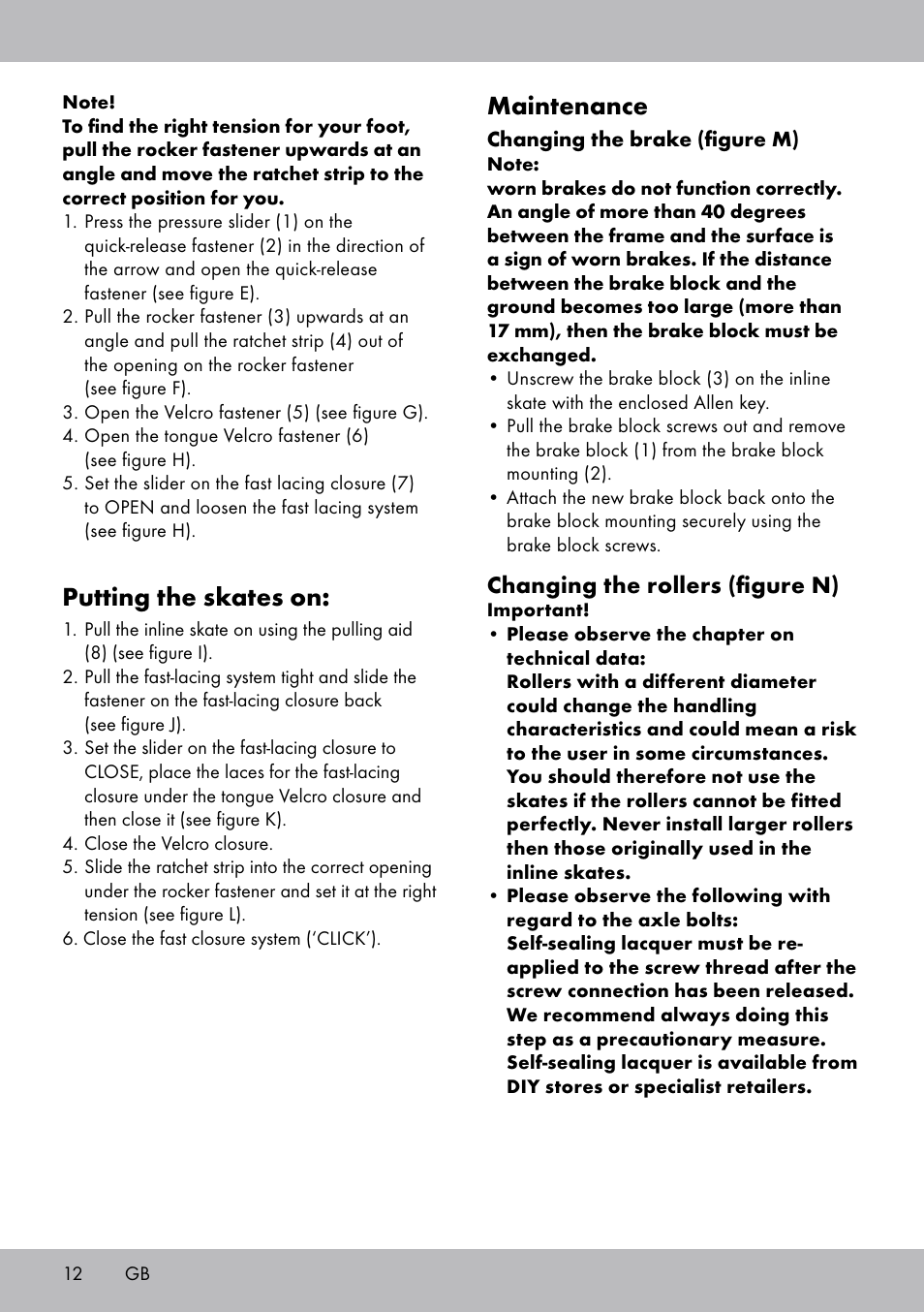 Putting the skates on, Maintenance, Changing the rollers (figure n) | Crivit HI-1738 User Manual | Page 12 / 28