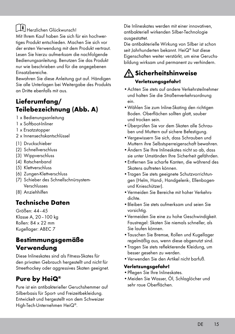 Lieferumfang/ teilebezeichnung (abb. a), Technische daten, Bestimmungsgemäße verwendung | Pure by heiq, Sicherheitshinweise | Crivit HI-1738 User Manual | Page 15 / 28