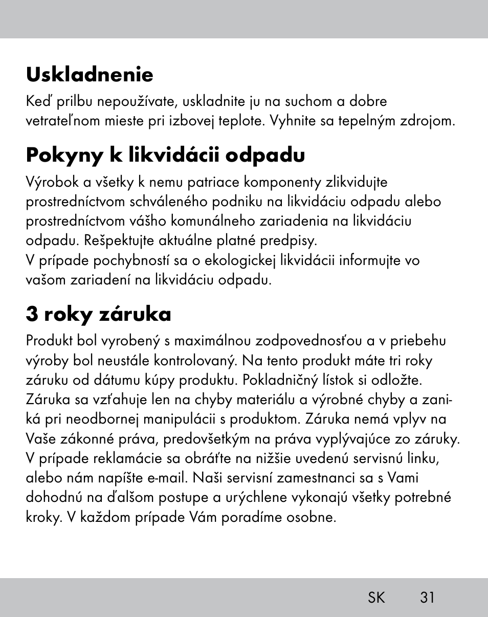 Uskladnenie, Pokyny k likvidácii odpadu, 3 roky záruka | Crivit IH-1788 User Manual | Page 29 / 38