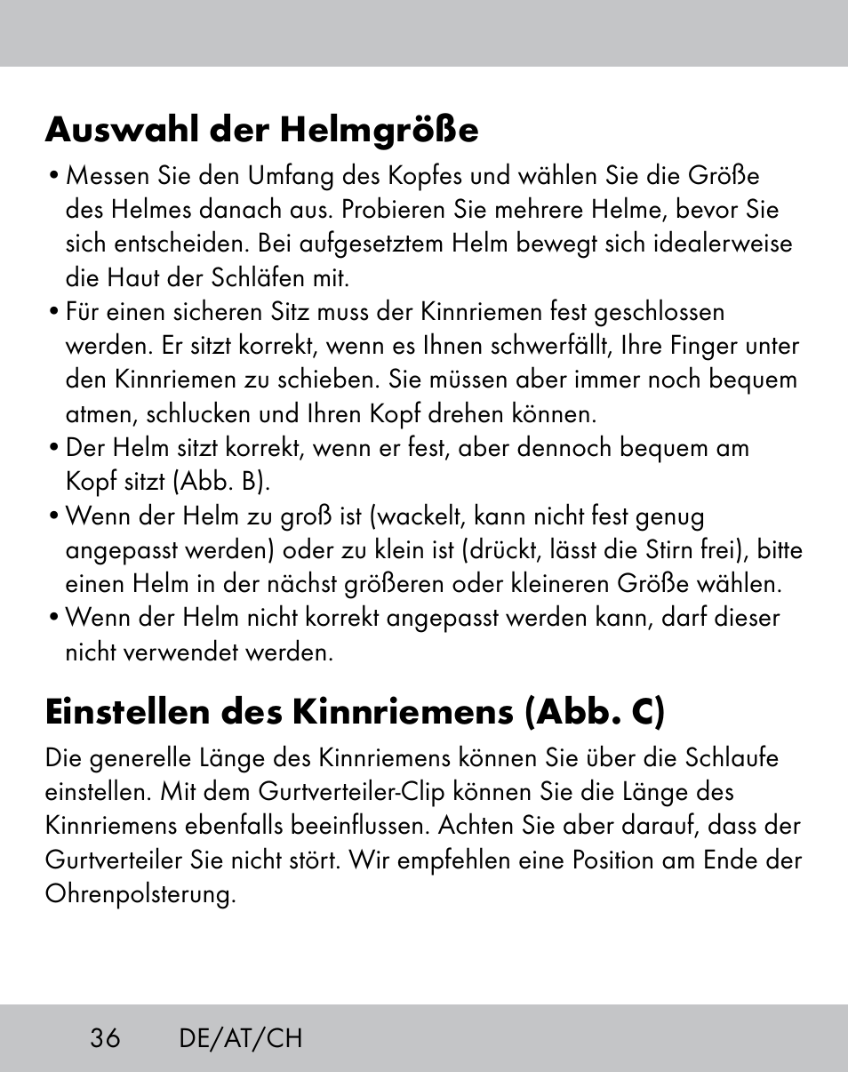 Auswahl der helmgröße, Einstellen des kinnriemens (abb. c) | Crivit IH-1788 User Manual | Page 34 / 38