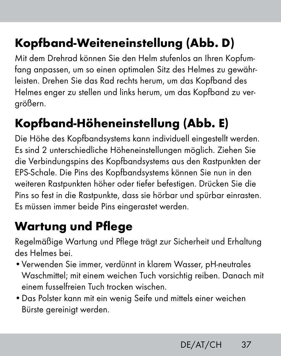 Kopfband-weiteneinstellung (abb. d), Kopfband-höheneinstellung (abb. e), Wartung und pflege | Crivit IH-1788 User Manual | Page 35 / 38