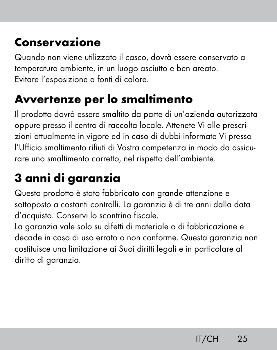 Conservazione, Avvertenze per lo smaltimento, 3 anni di garanzia | Crivit IH-1788 User Manual | Page 23 / 38