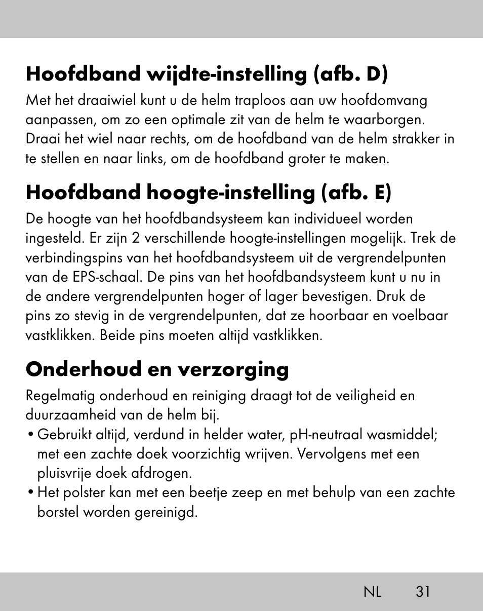 Hoofdband wijdte-instelling (afb. d), Hoofdband hoogte-instelling (afb. e), Onderhoud en verzorging | Crivit IH-1788 User Manual | Page 29 / 38