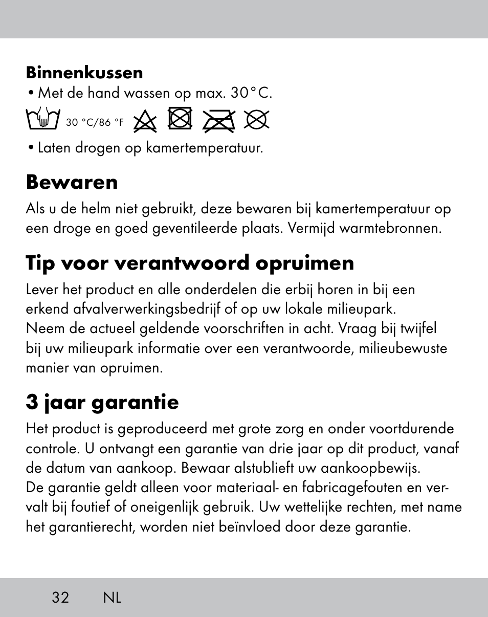 Bewaren, Tip voor verantwoord opruimen, 3 jaar garantie | Crivit IH-1788 User Manual | Page 30 / 38