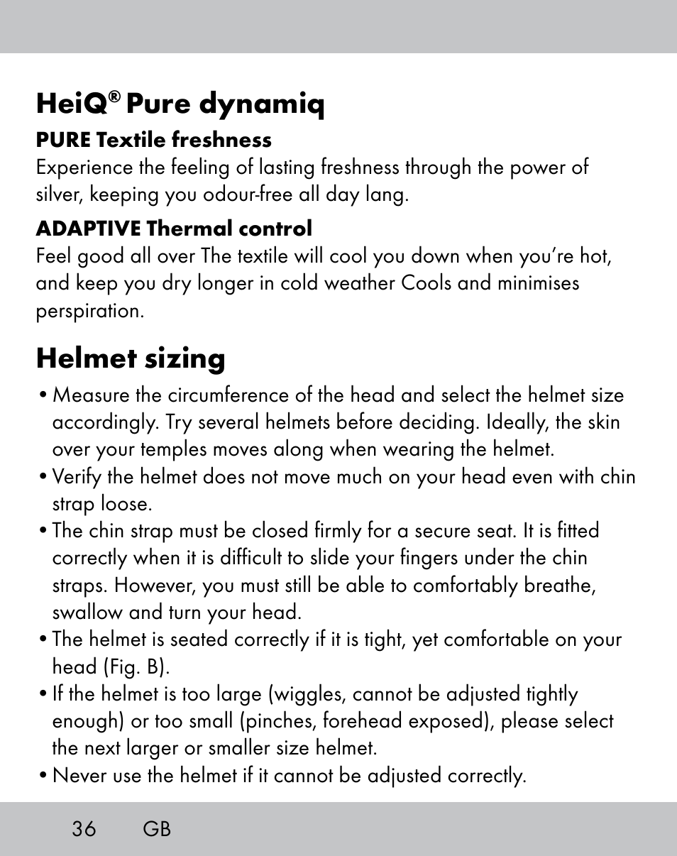 Heiq, Pure dynamiq, Helmet sizing | Crivit IH-1788 User Manual | Page 34 / 38