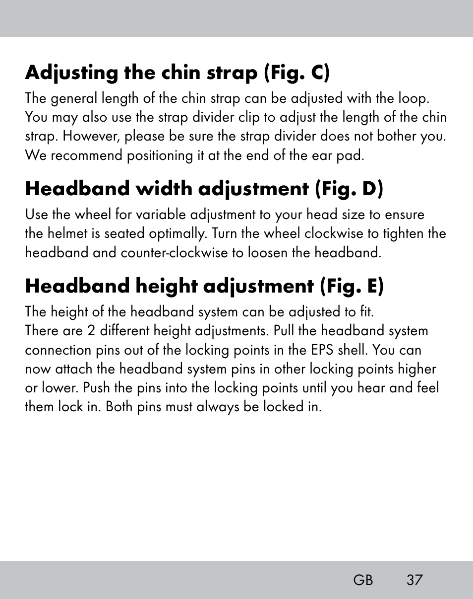 Adjusting the chin strap (fig. c), Headband width adjustment (fig. d), Headband height adjustment (fig. e) | Crivit IH-1788 User Manual | Page 35 / 38