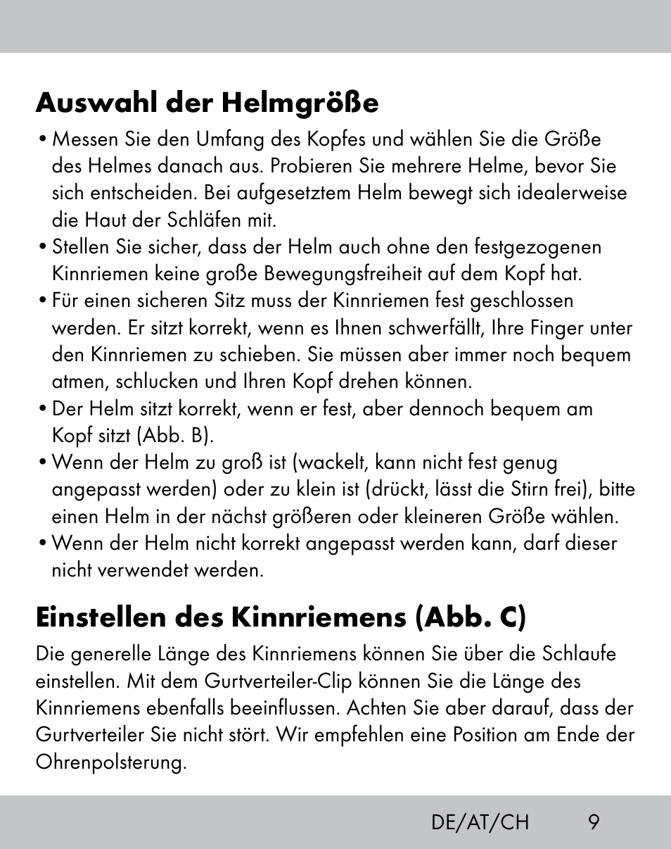 Auswahl der helmgröße, Einstellen des kinnriemens (abb. c) | Crivit IH-1788 User Manual | Page 7 / 38