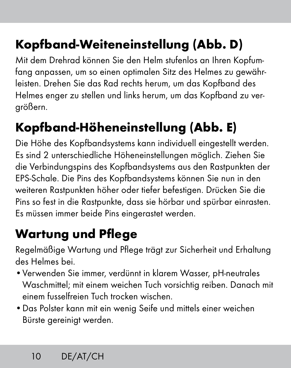 Kopfband-weiteneinstellung (abb. d), Kopfband-höheneinstellung (abb. e), Wartung und pflege | Crivit IH-1788 User Manual | Page 8 / 38