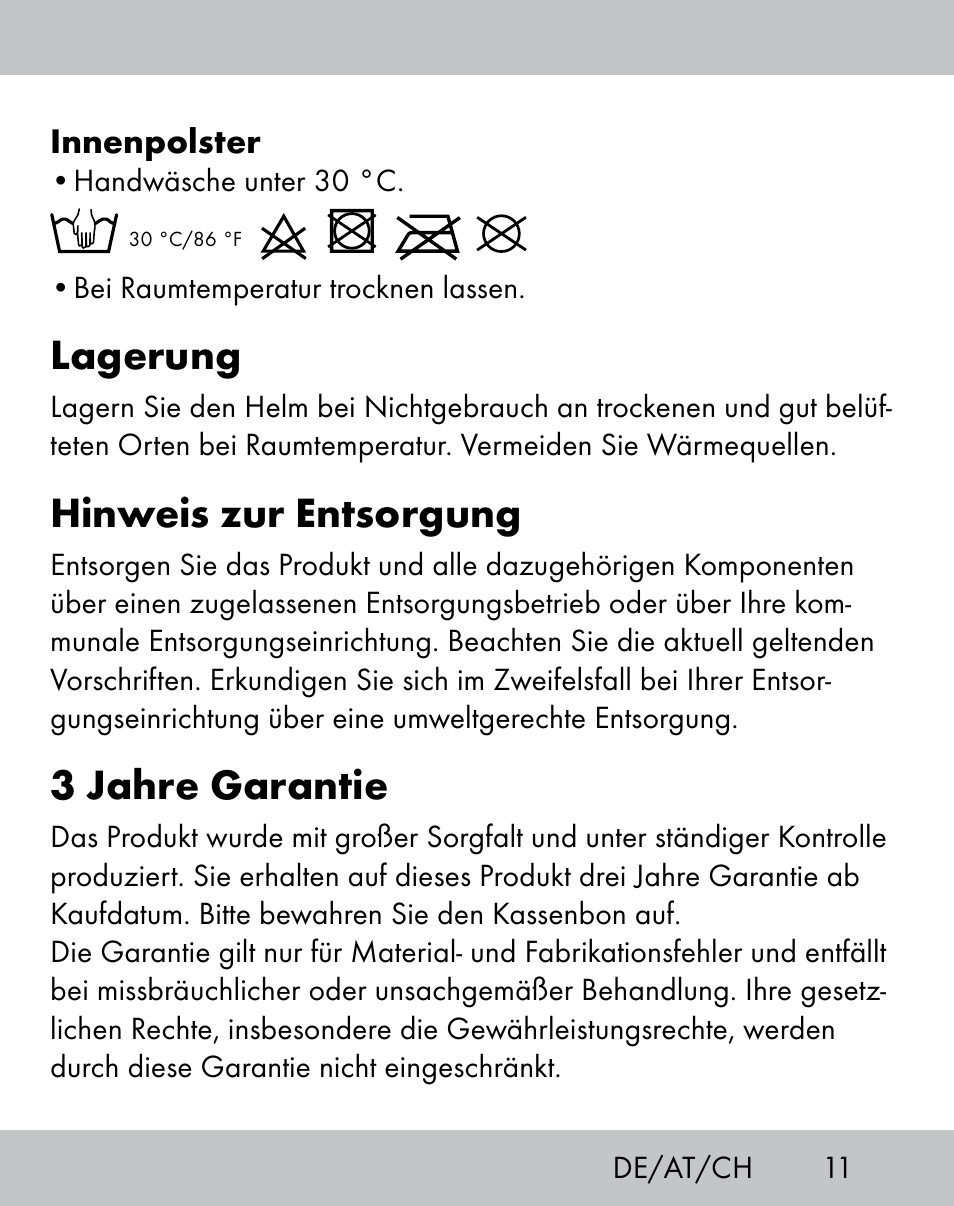 Lagerung, Hinweis zur entsorgung, 3 jahre garantie | Crivit IH-1788 User Manual | Page 9 / 38