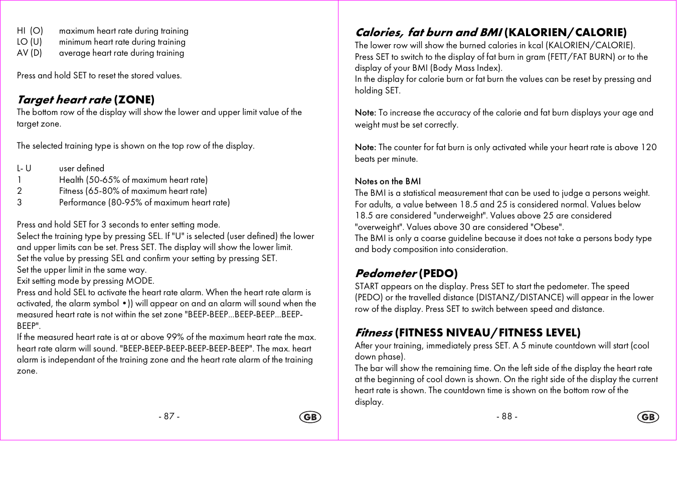 Target heart rate, Calories, fat burn and bmi, Pedometer | Fitness | Crivit 1-LD3604-х User Manual | Page 45 / 51