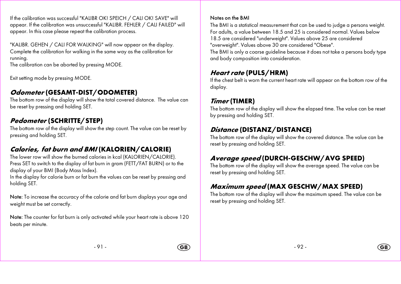 Odometer, Pedometer, Calories, fat burn and bmi | Heart rate, Timer, Distance, Average speed, Maximum speed | Crivit 1-LD3604-х User Manual | Page 47 / 51