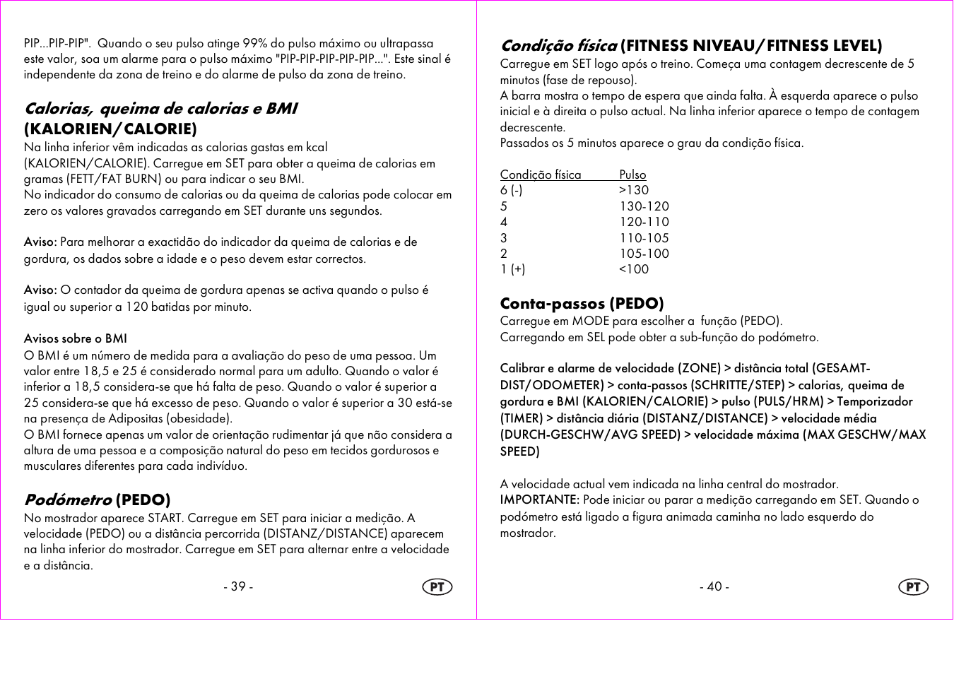 Calorias, queima de calorias e bmi, Podómetro, Condição física | Crivit 1-LD3604-х User Manual | Page 21 / 51