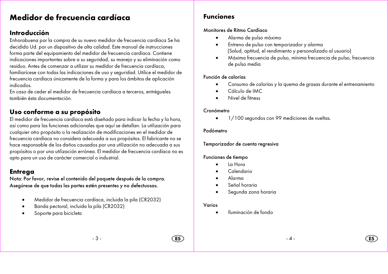 Medidor de frecuencia cardíaca, Introducción, Uso conforme a su propósito | Entrega, Funciones | Crivit 1-LD3604-х User Manual | Page 3 / 51