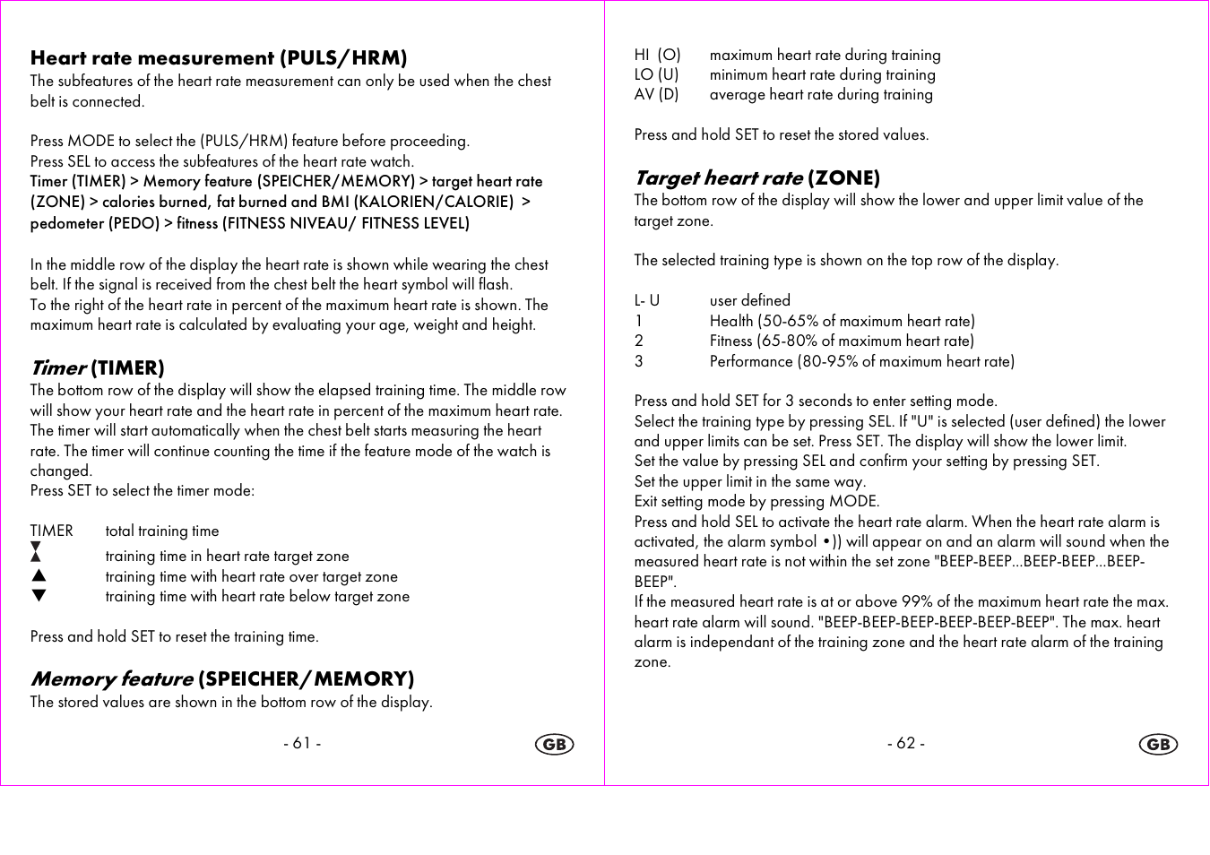 Timer, Target heart rate | Crivit 1-LD3604-х User Manual | Page 32 / 51