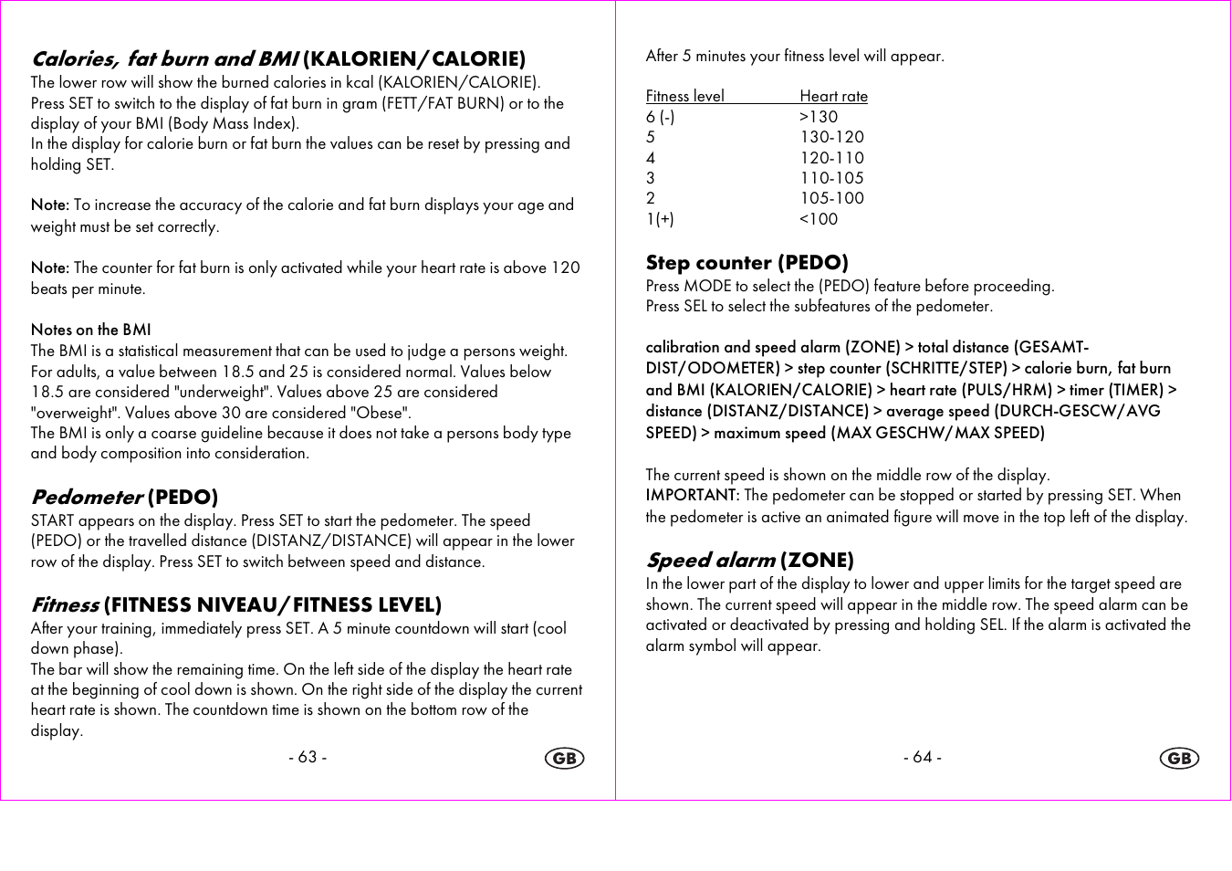 Calories, fat burn and bmi, Pedometer, Fitness | Speed alarm | Crivit 1-LD3604-х User Manual | Page 33 / 51