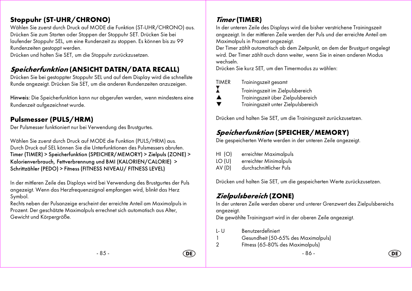 Speicherfunktion, Timer, Zielpulsbereich | Crivit 1-LD3604-х User Manual | Page 44 / 51