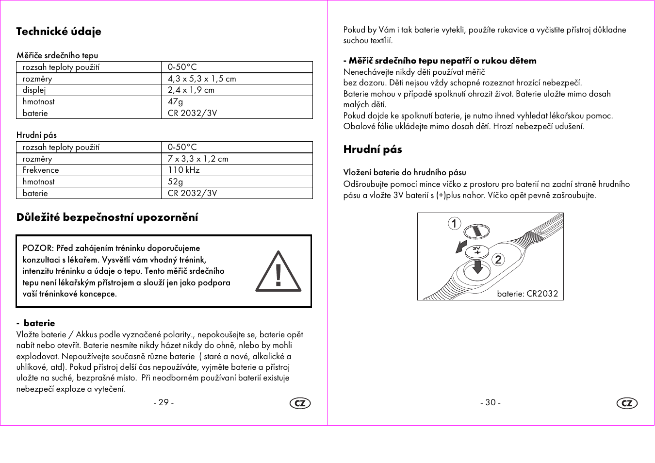 Technické údaje, Důležité bezpečnostní upozornění, Hrudní pás | Crivit 1-LD3604-х User Manual | Page 16 / 49