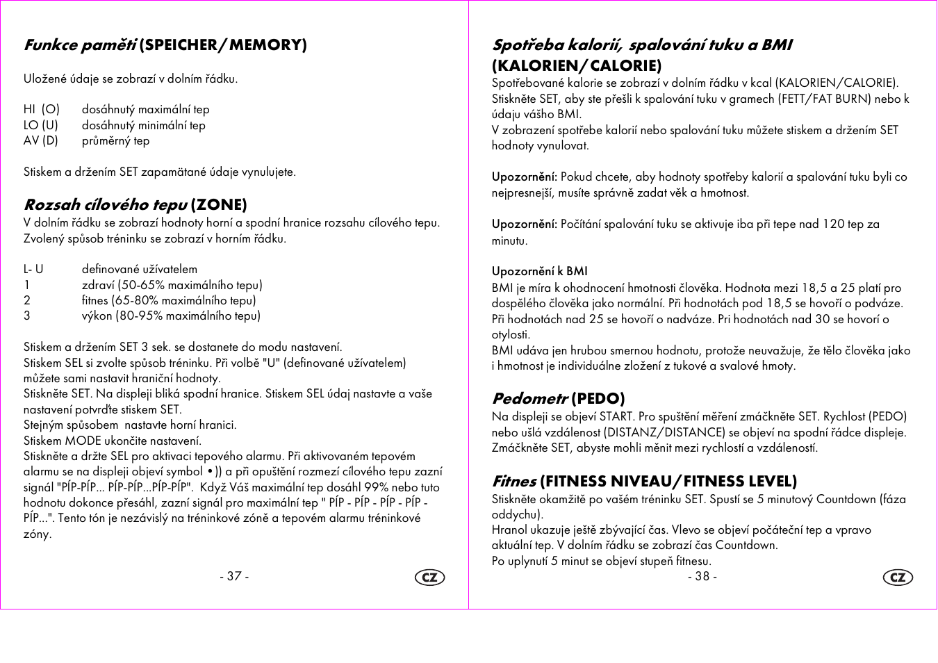 Funkce paměti, Rozsah cílového tepu, Spotřeba kalorií, spalování tuku a bmi | Pedometr, Fitnes | Crivit 1-LD3604-х User Manual | Page 20 / 49