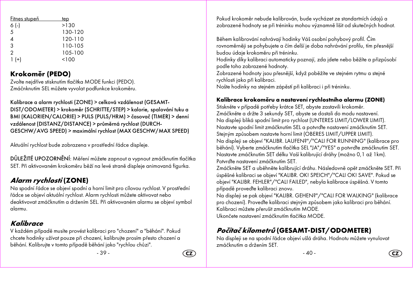 Alarm rychlosti, Kalibrace, Počítač kilometrů | Crivit 1-LD3604-х User Manual | Page 21 / 49
