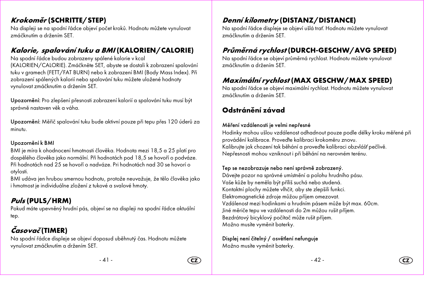 Krokoměr, Kalorie, spalování tuku a bmi, Puls | Časovač, Denní kilometry, Průměrná rychlost, Maximální rychlost | Crivit 1-LD3604-х User Manual | Page 22 / 49