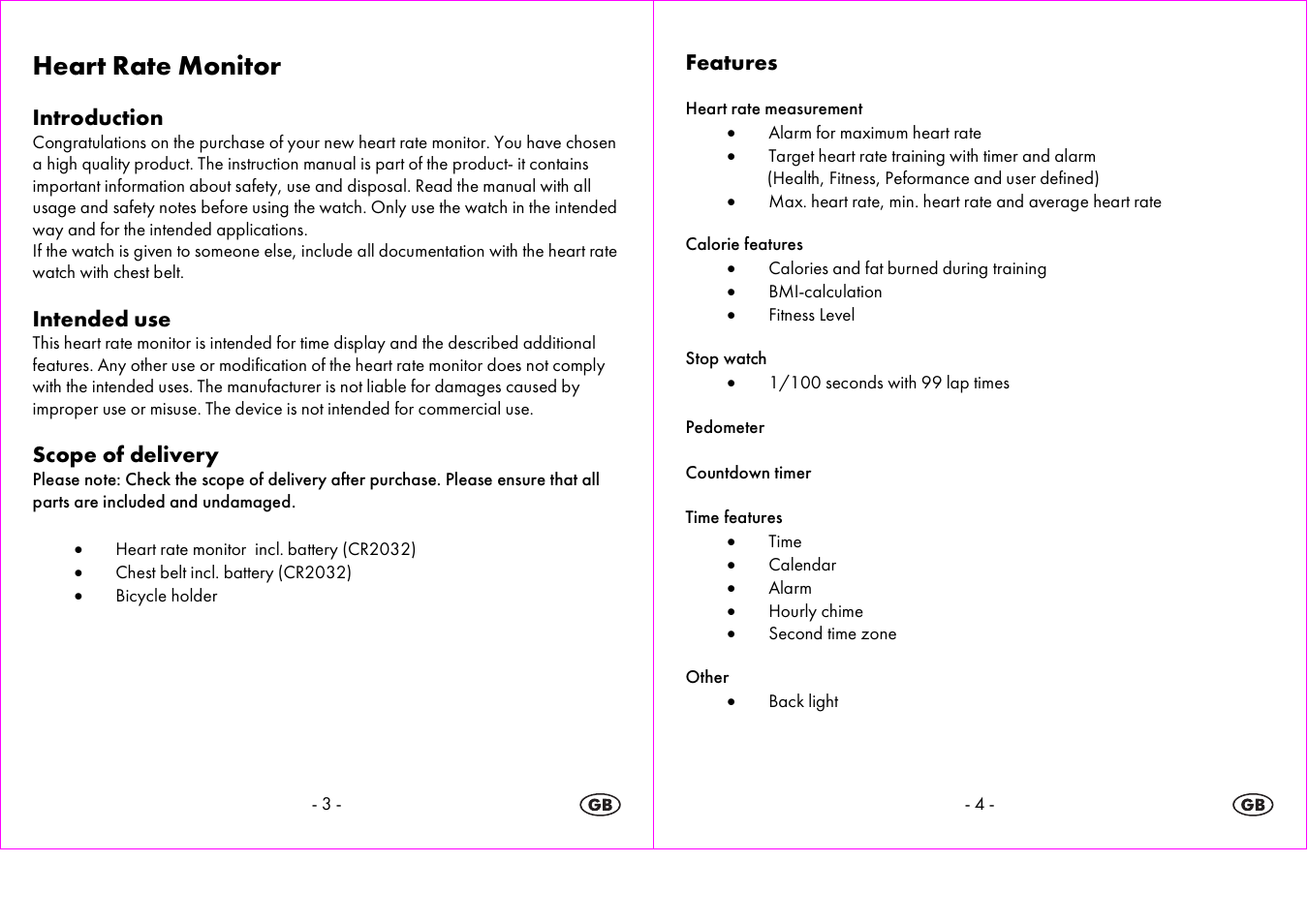 Heart rate monitor, Introduction, Intended use | Scope of delivery, Features | Crivit 1-LD3604-х User Manual | Page 3 / 49