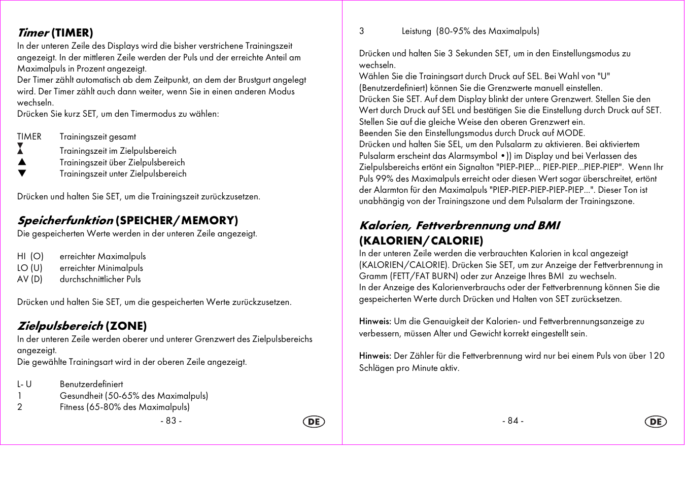 Timer, Speicherfunktion, Zielpulsbereich | Kalorien, fettverbrennung und bmi | Crivit 1-LD3604-х User Manual | Page 43 / 49