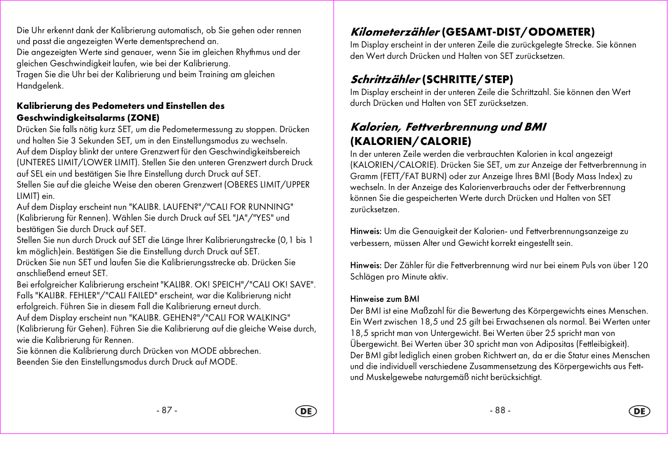 Kilometerzähler, Schrittzähler, Kalorien, fettverbrennung und bmi | Crivit 1-LD3604-х User Manual | Page 45 / 49