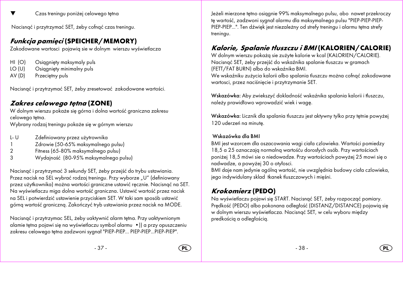 Funkcja pamięci, Zakres celowego tętna, Kalorie, spalanie tłuszczu i bmi | Krokomierz | Crivit 1-LD3604-х User Manual | Page 20 / 51