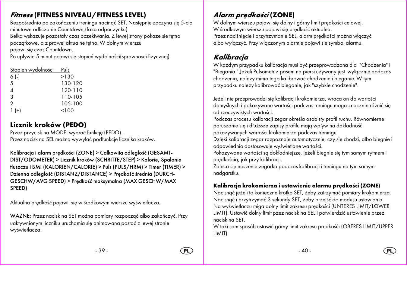 Fitness, Alarm prędkości, Kalibracja | Crivit 1-LD3604-х User Manual | Page 21 / 51
