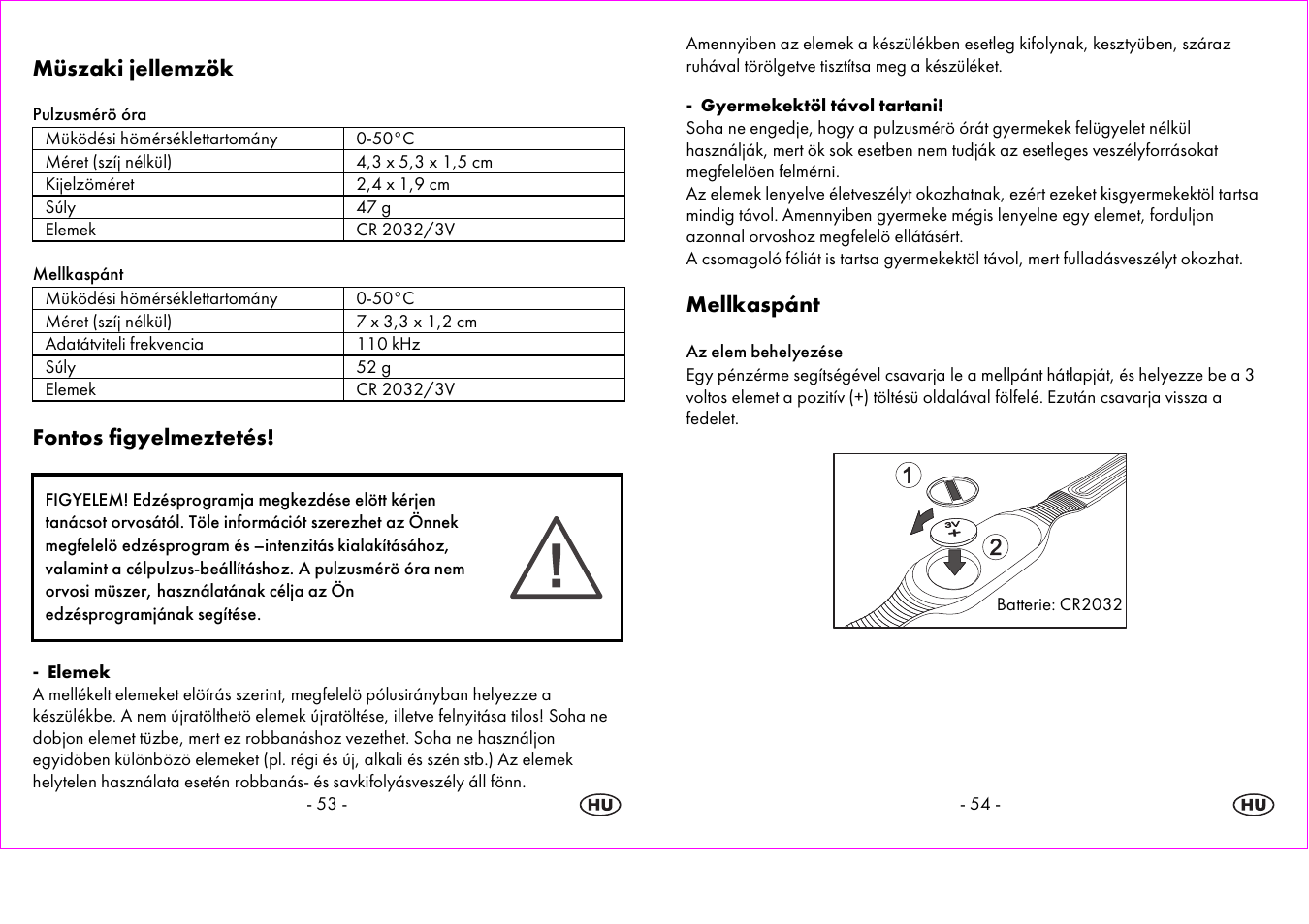 Müszaki jellemzök, Fontos figyelmeztetés, Mellkaspánt | Crivit 1-LD3604-х User Manual | Page 28 / 51