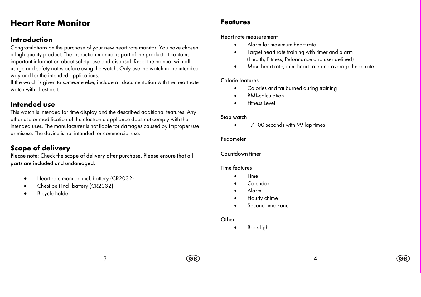 Heart rate monitor, Introduction, Intended use | Scope of delivery, Features | Crivit 1-LD3604-х User Manual | Page 3 / 51