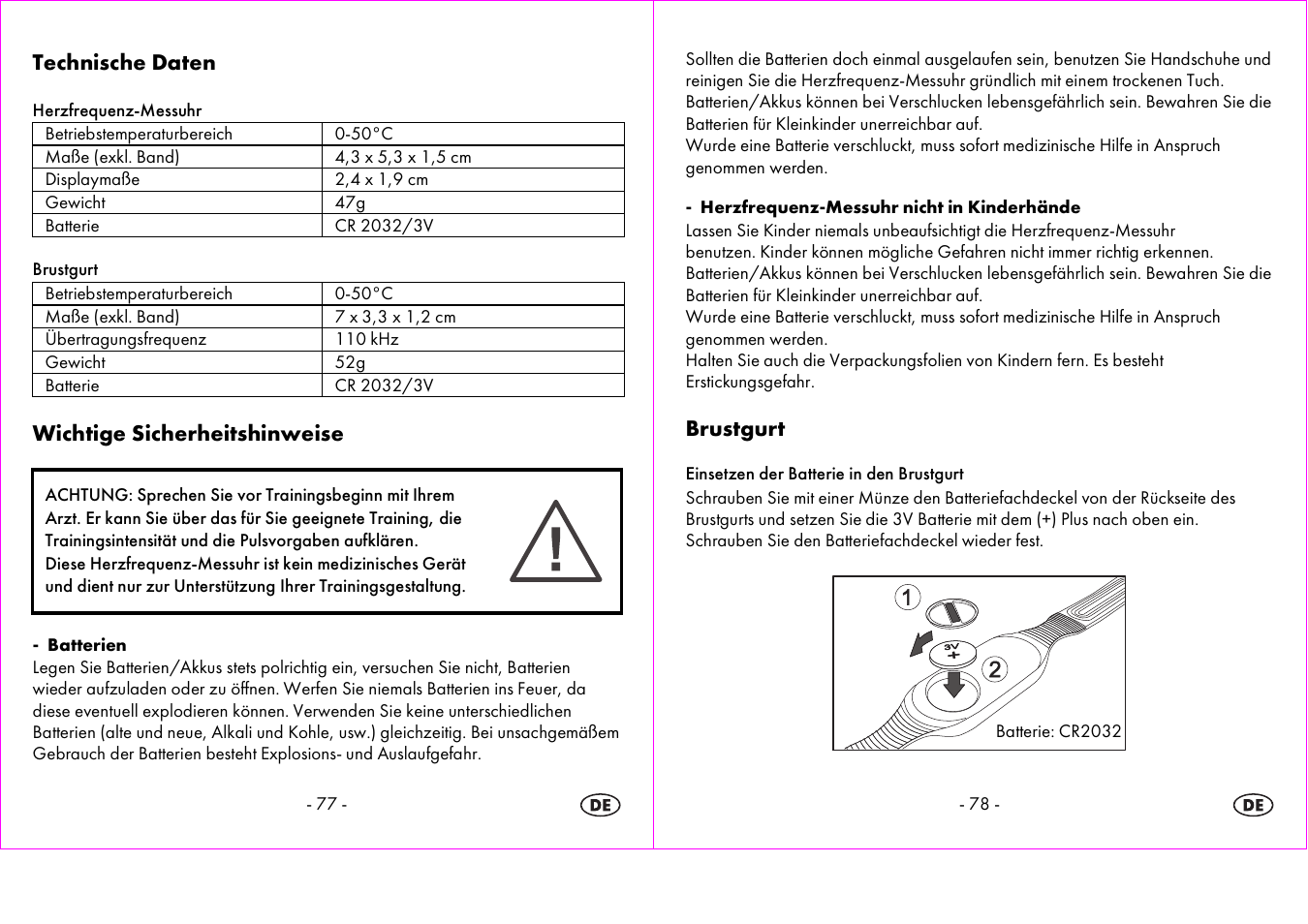 Technische daten, Wichtige sicherheitshinweise, Brustgurt | Crivit 1-LD3604-х User Manual | Page 40 / 51
