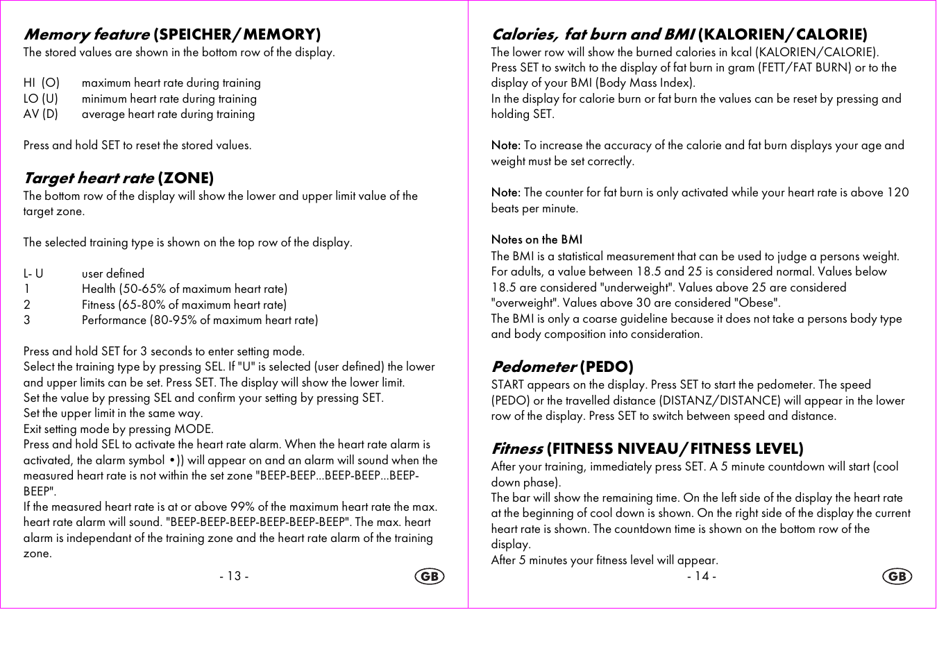 Target heart rate, Calories, fat burn and bmi, Pedometer | Fitness | Crivit 1-LD3604-х User Manual | Page 8 / 51
