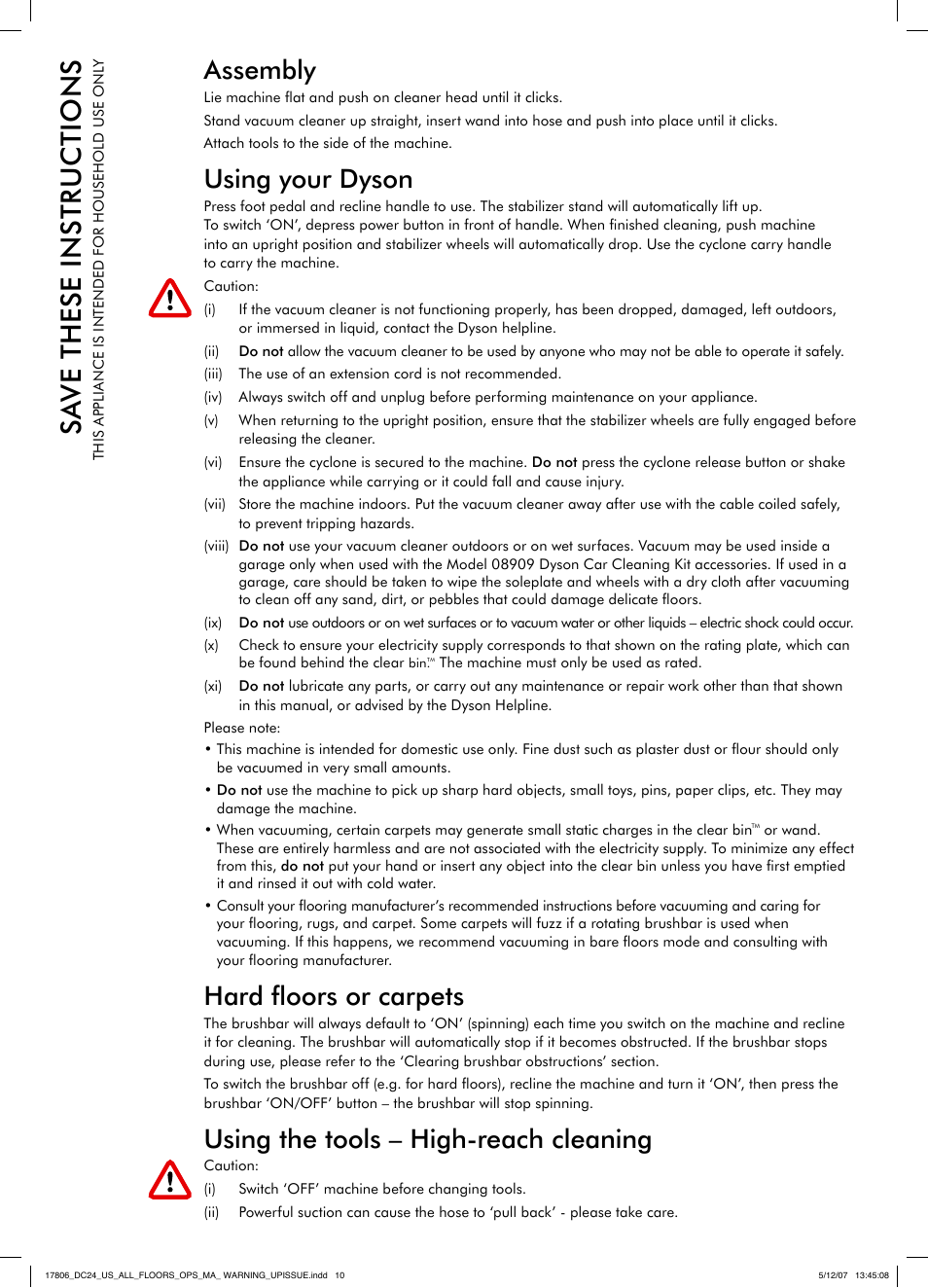 Assembly, Using your dyson, Hard floors or carpets | Using the tools – high-reach cleaning | DYSON DC 24 User Manual | Page 10 / 20
