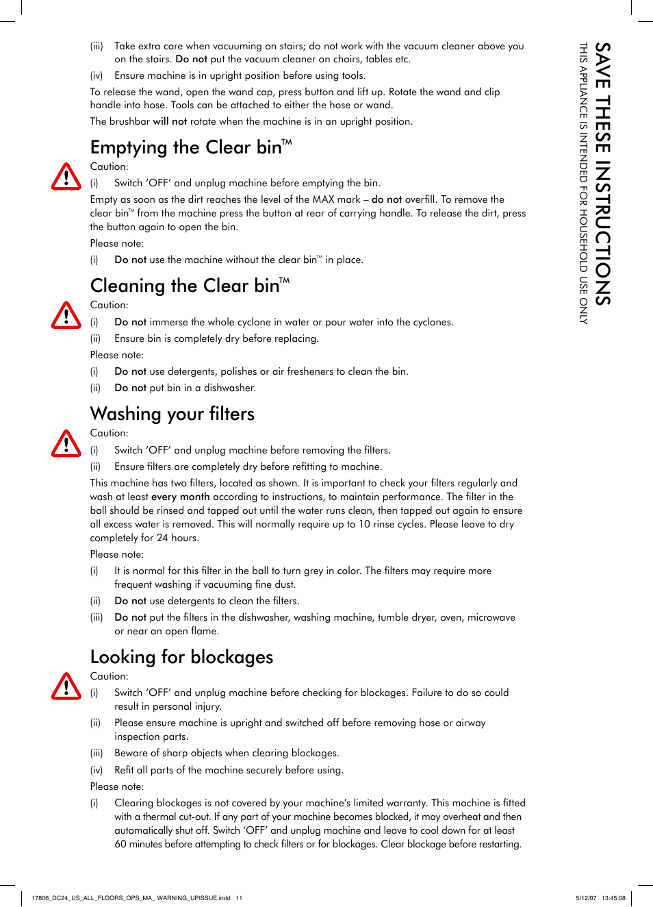 Emptying the clear bin, Cleaning the clear bin, Washing your filters | Looking for blockages | DYSON DC 24 User Manual | Page 11 / 20